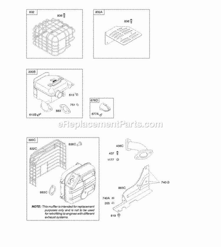 Exhaust System Diagram and Parts List for 21M114-0129-E1  Briggs and Stratton Engine